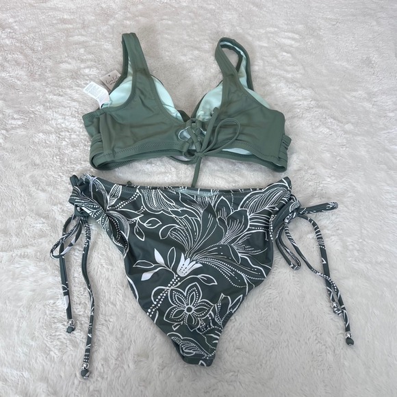 Cupshe Womens Bikini Set Olive Green Floral Lace Up Side Tie Size Large NWT - Picture 12 of 12